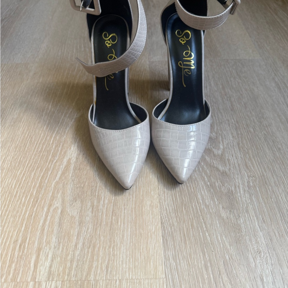 So Me Croc-Embossed Pointed Toe Ankle Strap Heels in Taupe